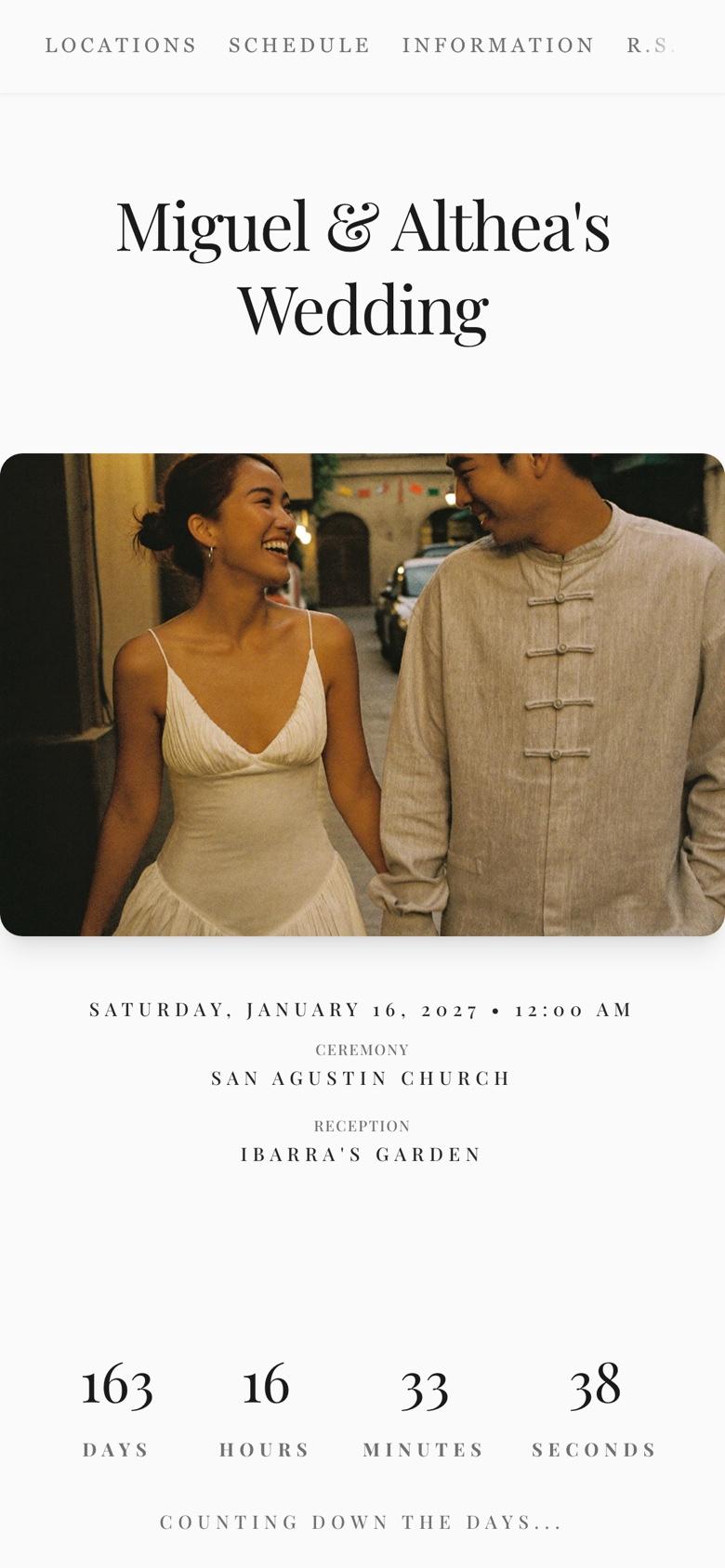 A real Ceremo wedding invitation page: Miguel and Althea's wedding with date, venues, and RSVP countdown