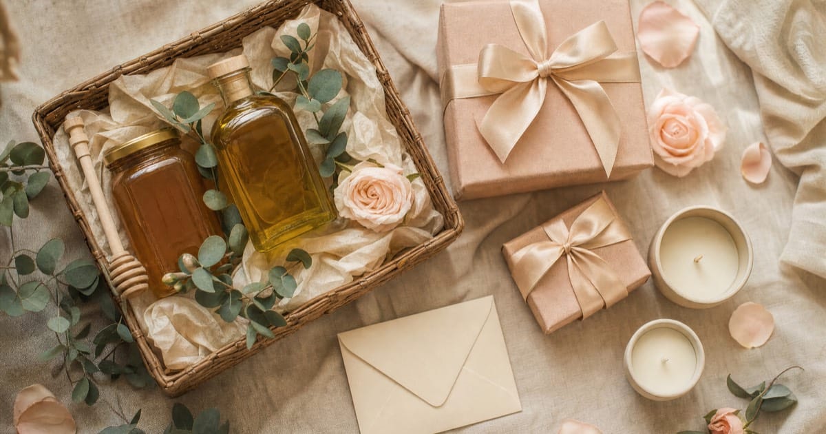 Flat lay of bridal shower gifts on a linen tablecloth with candles, a woven basket, and a decorated envelope
