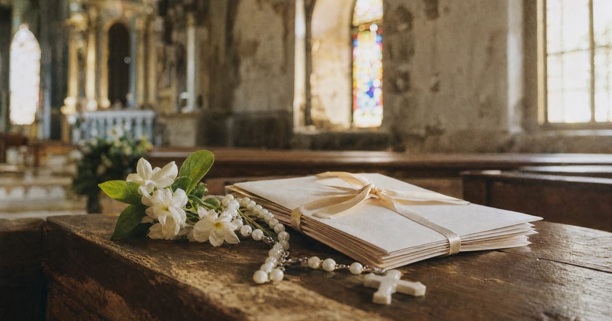 A stack of papers tied with a cream ribbon beside a white rosary and sampaguita flowers on a wooden church pew, with stained glass behind