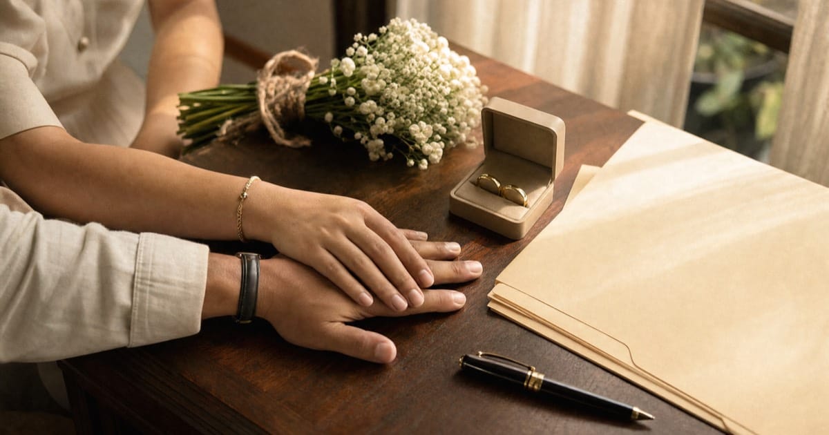 A couple's hands resting together on a wooden desk beside a baby's breath bouquet, a ring box with two gold bands, a folder and a pen