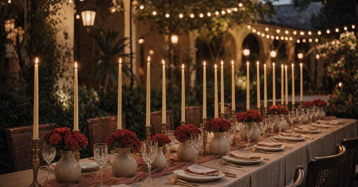 Debut celebration table with lit candles on a gold candelabra beside red roses, warm ambient lighting