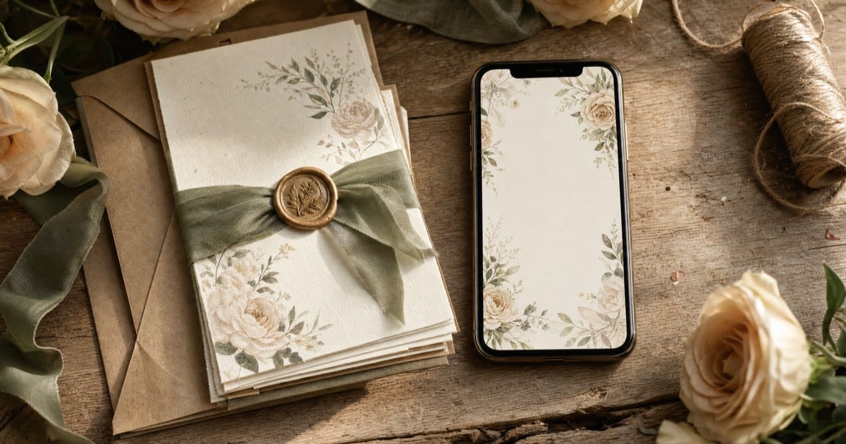 A stack of cream printed wedding invitations tied with sage ribbon and a wax seal, beside a phone showing a digital invitation