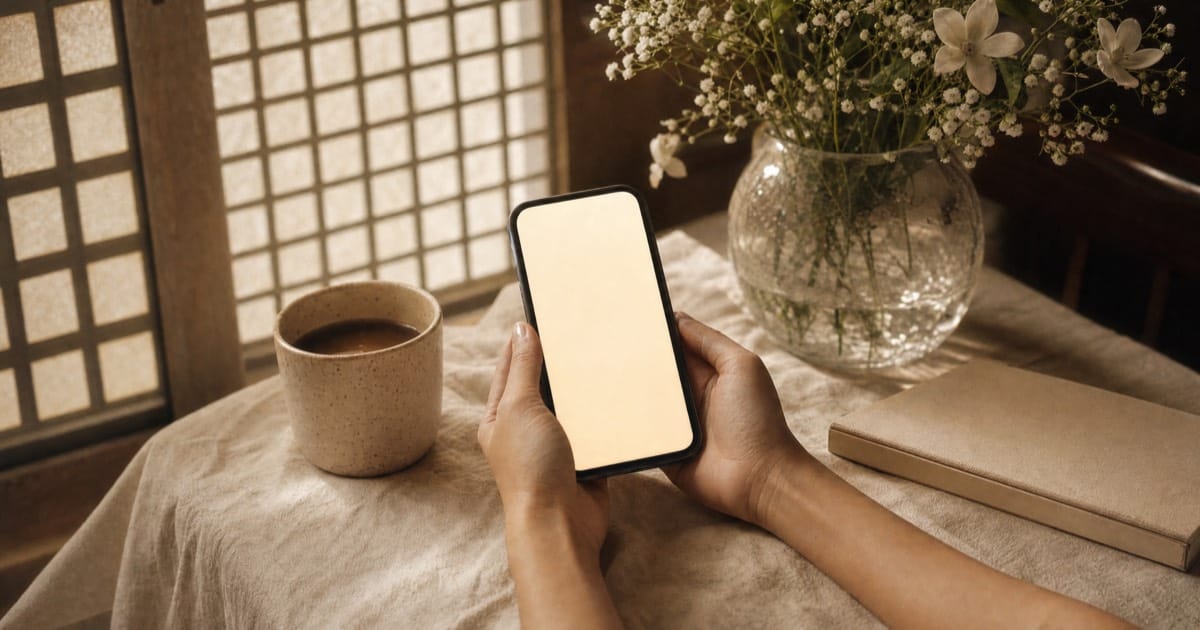Hands holding a phone over an open planner with a handwritten guest list, beside coffee and a jar of white flowers