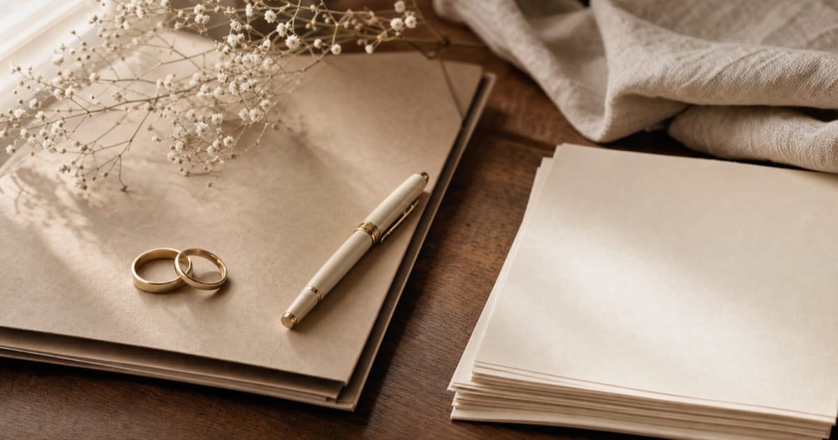 Overhead view of a marriage license application form with wedding rings and documents on a wooden desk