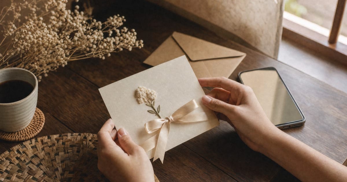 Hands holding a cream save-the-date card with a pressed flower and champagne ribbon, beside a kraft envelope, a phone and a cup of coffee on a wooden table