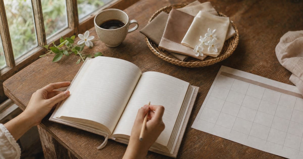 Hands writing in an open wedding planner on a wooden table by a window, beside a blank calendar sheet, coffee, sampaguita and fabric swatches in taupe and cream