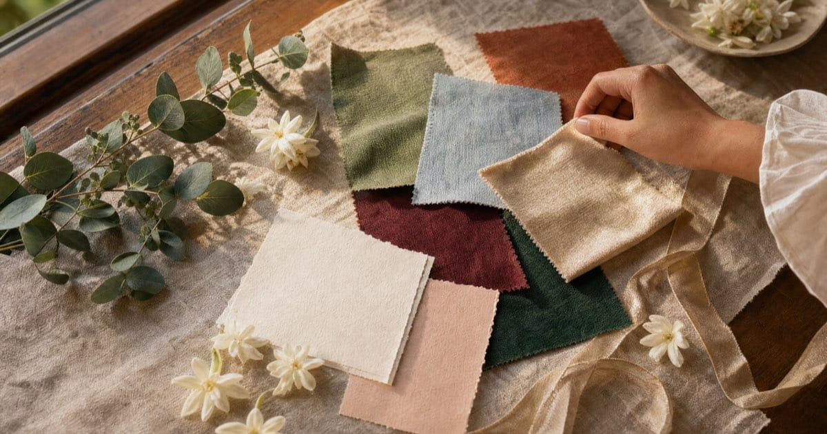 A hand arranging fabric swatches in sage, dusty blue, terracotta, burgundy, emerald and champagne on a linen tablecloth, with sampaguita flowers and eucalyptus