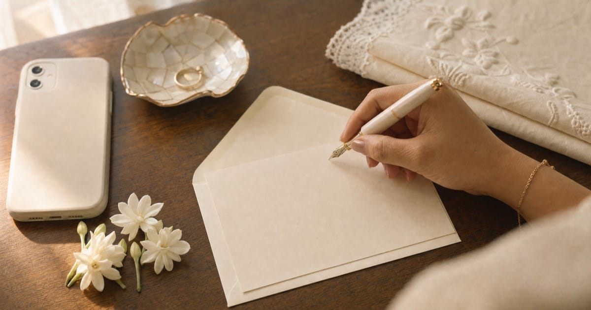 A hand writing with a cream fountain pen on a blank notecard over an envelope, beside a phone, sampaguita flowers, a capiz dish holding a gold ring and folded embroidered cloth