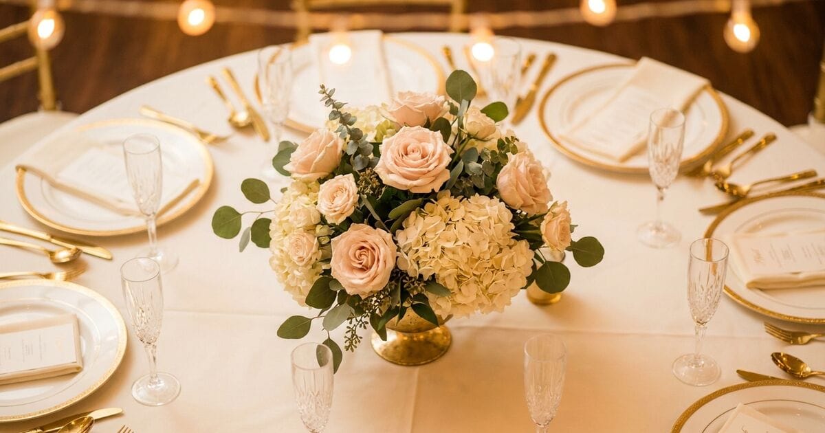 Wedding reception table setting with blush floral centerpiece and gold accents under warm string lights