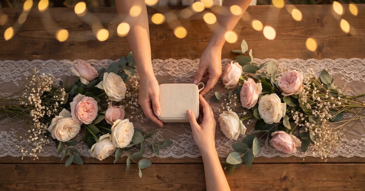 Overhead view of hands adjusting a portable speaker on a wooden wedding reception table surrounded by blush roses and warm string lights