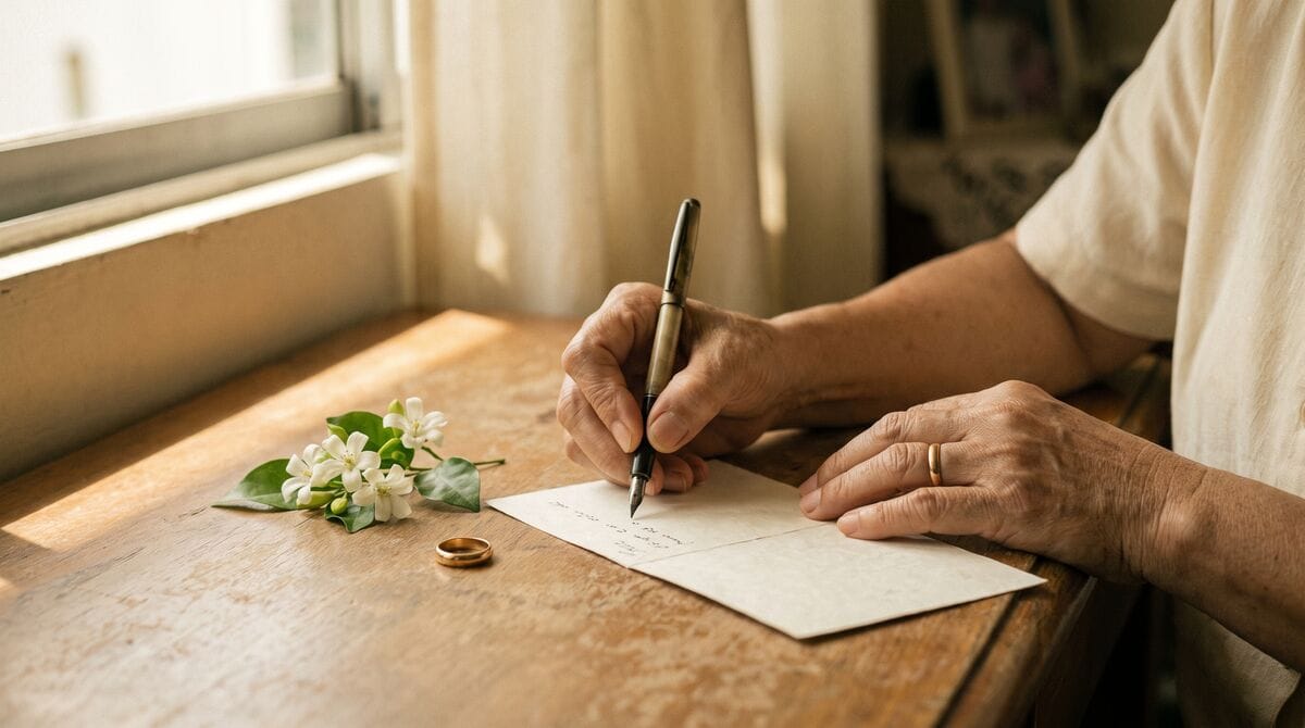 Close-up of hands writing wedding vows on a folded card at a wooden table with a gold ring and white flowers in warm natural light