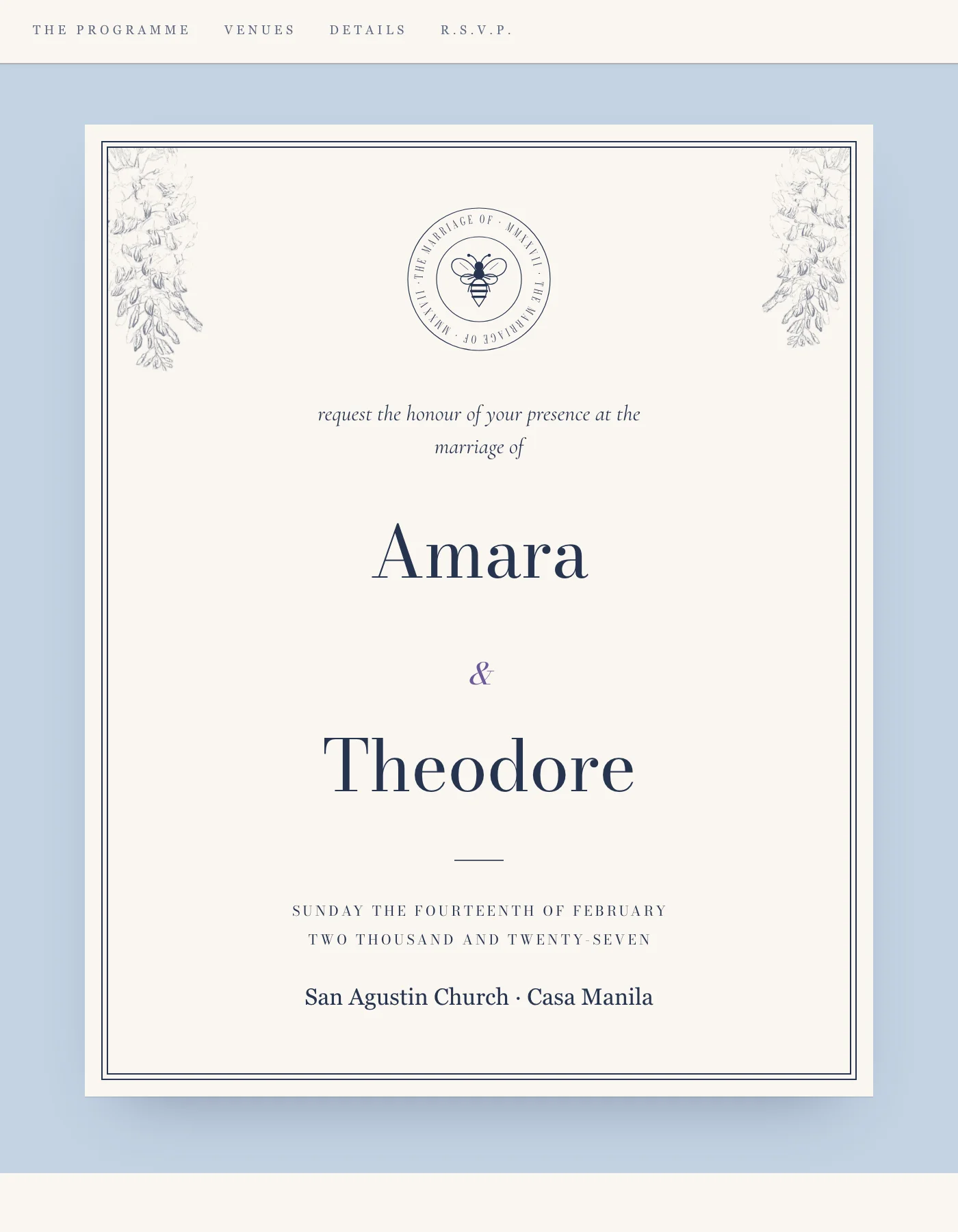 The cover of Ceremo's Regency sample invitation: a cream card with a bee crest, the line "request the honour of your presence at the marriage of", the names Amara and Theodore, and a spelled-out date in February 2027